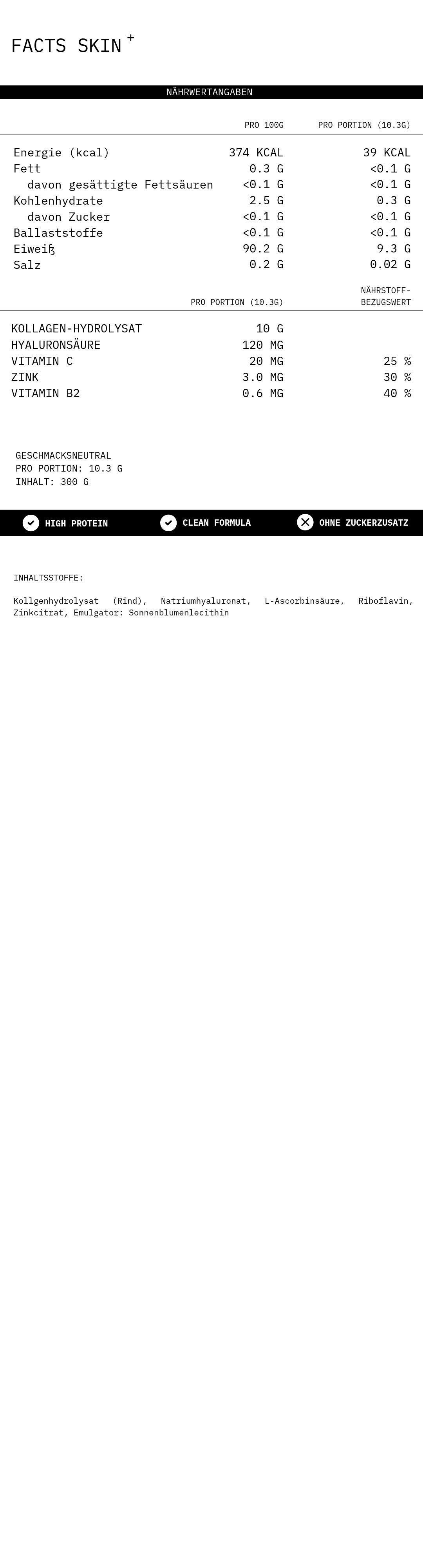 Nährwerttabelle FACTS SKIN⁺